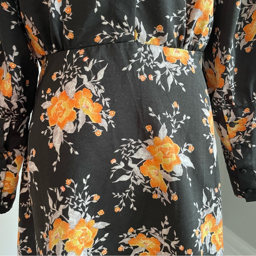 Free People Floral Black and Orange Dress Long Sleeves Button Back Side Zip Sz 8 - Picture 9 of 15